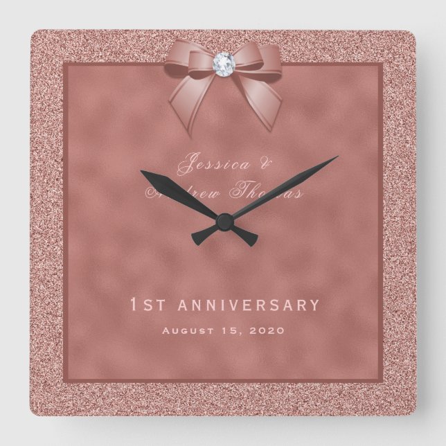 Reloj Cuadrado Rosa Purpurina de oro y estilo primer Boda (Anverso)