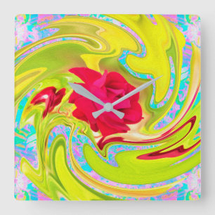 Reloj Cuadrado Rosa Roja Abstracta sobre Torbellino Amarillo y Ac