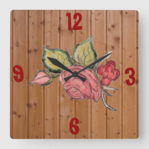 Reloj Cuadrado Rosa Rojo En Fondo De Madera