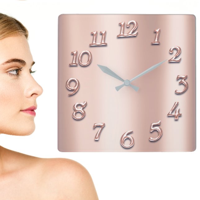 Reloj Cuadrado Rosa Rosa Oro Metálico Número Árabe Rubor Girly (Pink Rose Gold Metallic Arabic Number Blush Girly Square Wall Clock)