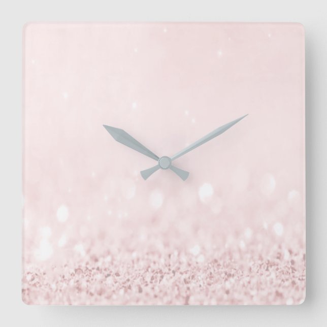 Reloj Cuadrado Rosa Rosa Pastel Polvo Purpurina Ombre Blanco (Anverso)