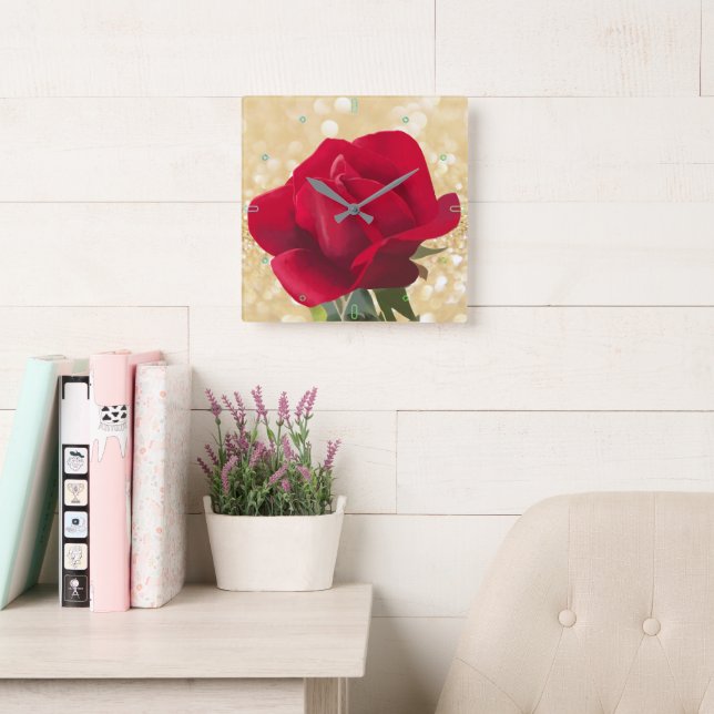 Reloj Cuadrado Rosa rouge - rosa roja (Sala de lectura)