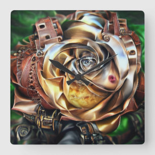Reloj Cuadrado Rosa Steampunk con cara surrealista - Flor mecánic