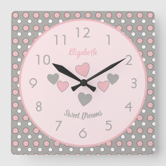 Reloj Cuadrado Rosa y gris con puntos de polka y nombre (Anverso)