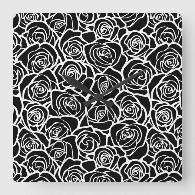 Reloj Cuadrado Rosas blancas y negras de la cosecha (Anverso)