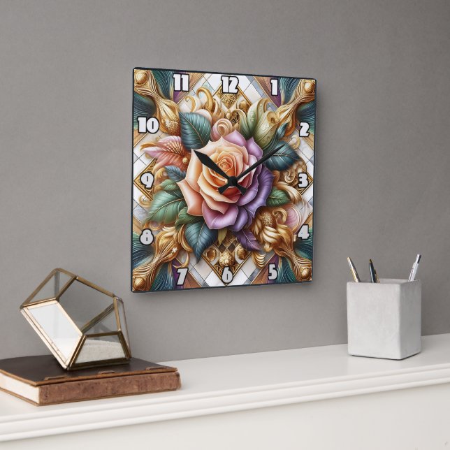 Reloj Cuadrado Rosas de arte intrincado, hermosamente diseñados (Oficina)