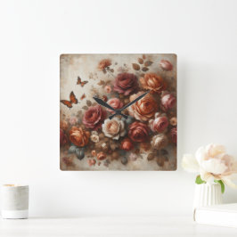 Reloj Cuadrado Rosas de época con mariposas