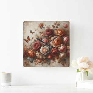 Reloj Cuadrado Rosas de época con mariposas