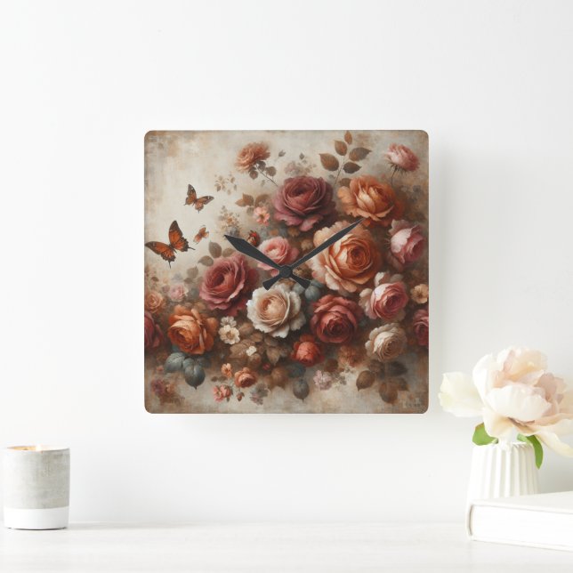 Reloj Cuadrado Rosas de época con mariposas (Hogar)