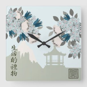 Reloj Cuadrado Rosas de flores azules arte oriental de paisaje fl