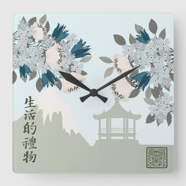 Reloj Cuadrado Rosas de flores azules arte oriental de paisaje fl (Anverso)