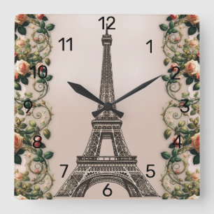 Reloj Cuadrado Rosas de París Rosadas Torres Eiffel Shabby Chic