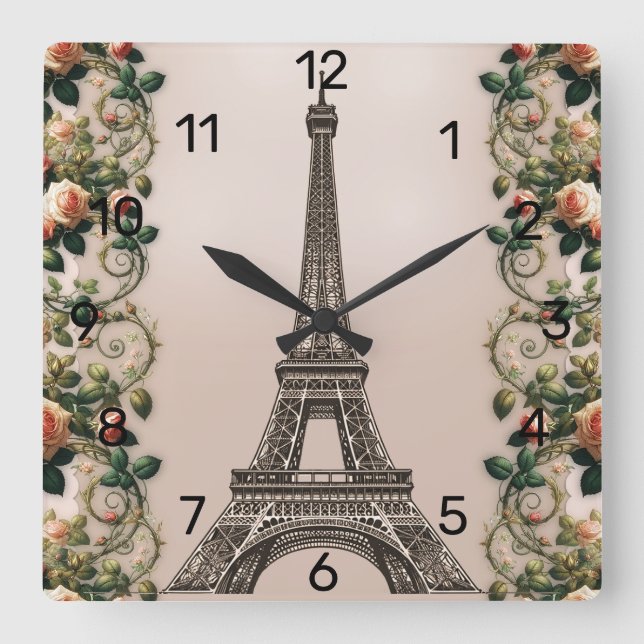 Reloj Cuadrado Rosas de París Rosadas Torres Eiffel Shabby Chic (Anverso)