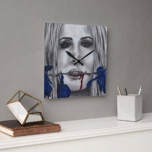 Reloj Cuadrado Rosas de Sangre Mujer Vampiro Azul Retrato Arte Gó