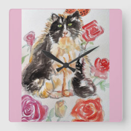 Reloj Cuadrado Rosas De Tuxedo Cat Cute Flores Gatos Rosa De Acua