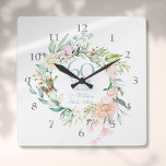 Reloj Cuadrado rosas del 60/75 Aniversario Boda Garland<br><div class="desc">Con una delicada garland floral acuática,  este reloj botánico de aniversario 60 o 75 bodas de moda puede ser personalizado con su información especial de aniversario de diamantes o platino en elegante texto azul diamante. Diseñado por Thisisnotme©</div>