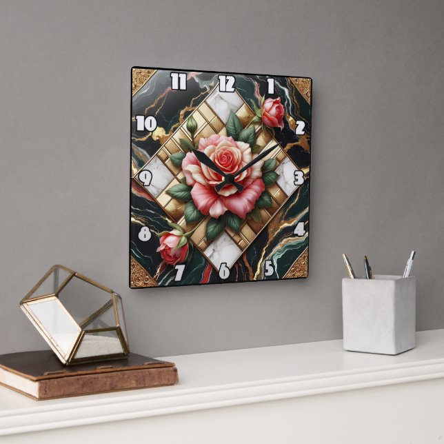 Reloj Cuadrado Rosas elegantes en el fondo de mármol y oro (Oficina)
