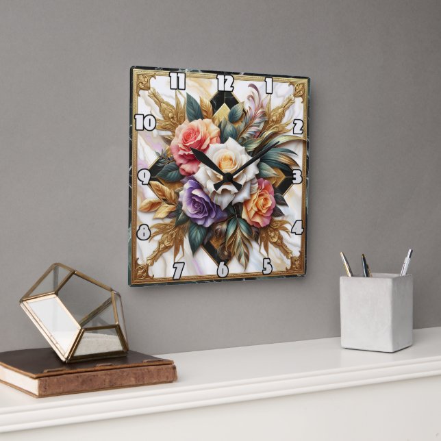 Reloj Cuadrado Rosas elegantes en un diseño floral intrincado (Oficina)
