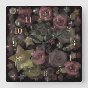 Reloj Cuadrado Rosas líquidos 3D de azulejos de vidrio y estrella