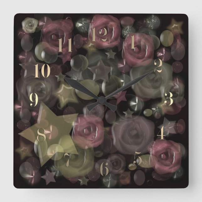 Reloj Cuadrado Rosas líquidos 3D de azulejos de vidrio y estrella (Anverso)