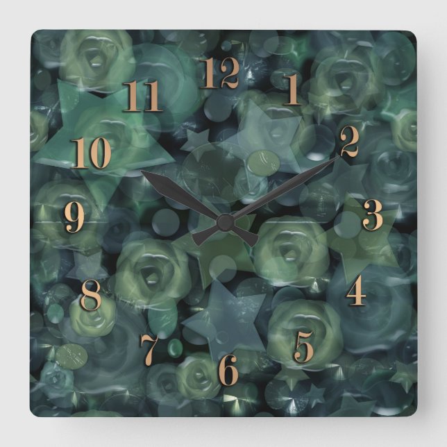 Reloj Cuadrado Rosas líquidos 3D de azulejos de vidrio y estrella (Anverso)