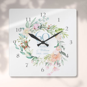 Reloj Cuadrado Rosas para Aniversario de Bodas 60 / 75