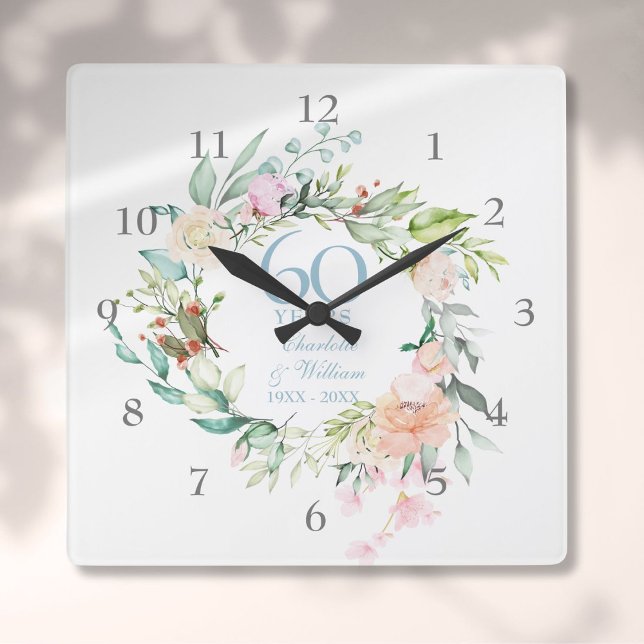 Reloj Cuadrado Rosas para Aniversario de Bodas de Diamante o Plat (60th / 75th Wedding Anniversary Roses Garland Square Wall Clock)