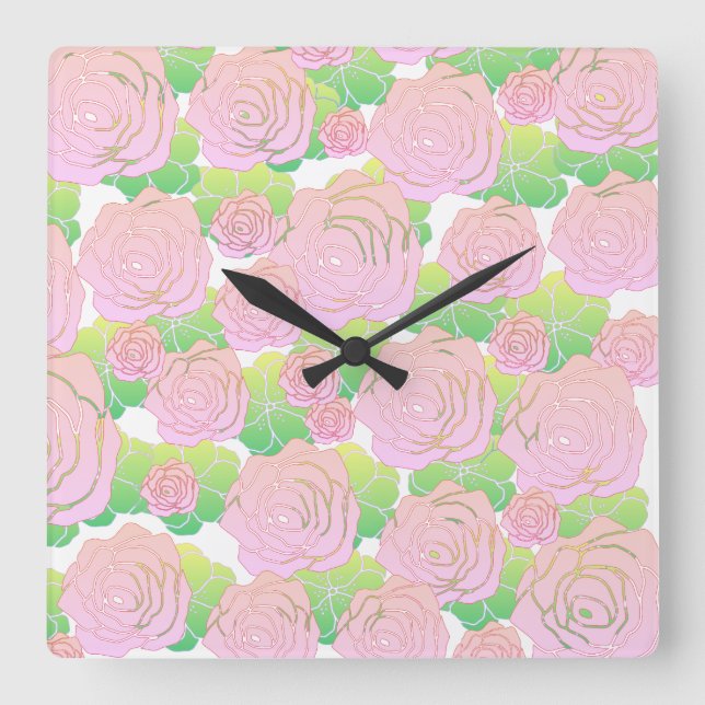 Reloj Cuadrado Rosas Rosadas Claras (Anverso)