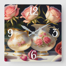 Reloj Cuadrado Rosas rosadas vintage y tetera 