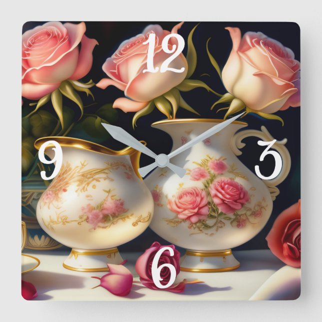 Reloj Cuadrado Rosas rosas rosas y ollas de té antiguas (Anverso)