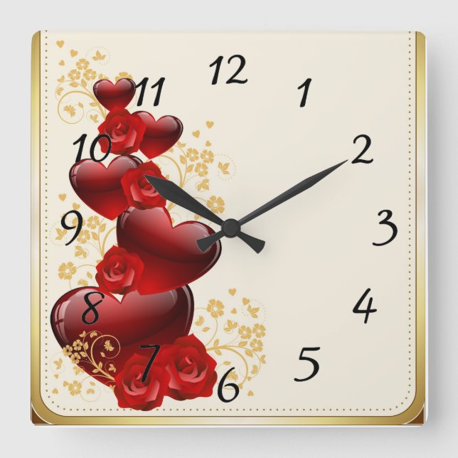 Reloj Cuadrado Rosas y corazones rojos (Anverso)