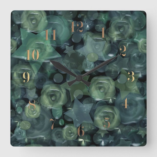 Reloj Cuadrado Rosas y estrellas líquidos de cristal de la teja (Anverso)