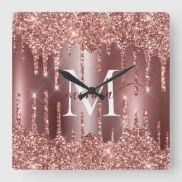 Reloj Cuadrado Rose Gold Glitter Drips Monogram Personalized
