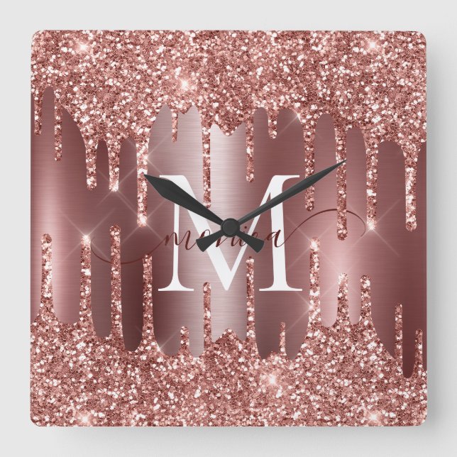 Reloj Cuadrado Rose Gold Glitter Drips Monogram Personalized (Anverso)