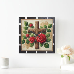 Reloj Cuadrado Roses rojas de la Cruz de Madera