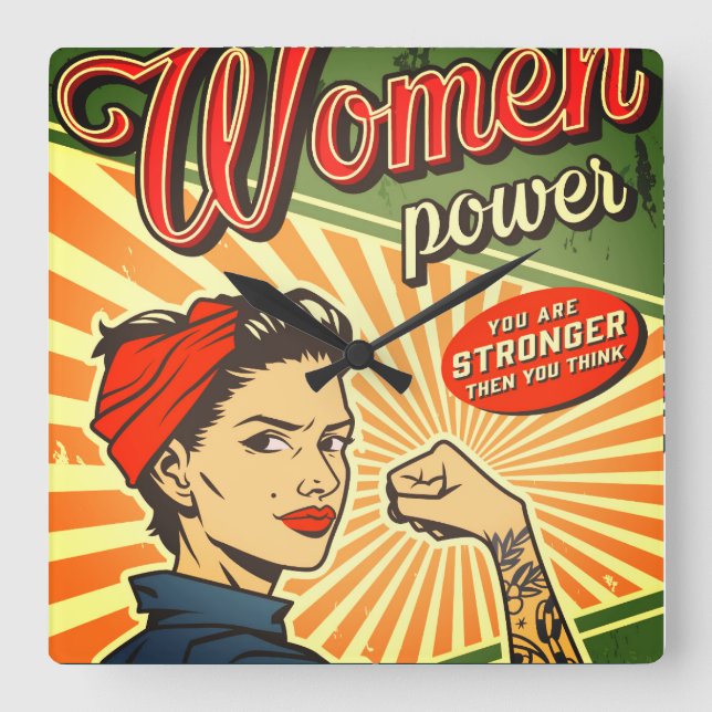 Reloj Cuadrado Rosie Riveter, diseño retro de energía femenina (Anverso)