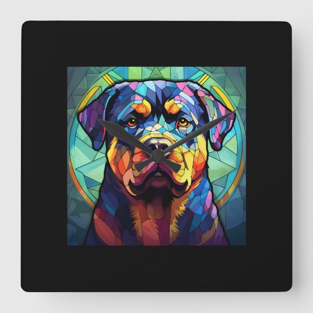 Reloj Cuadrado Rottweiler de Vidrio Teñido (Anverso)