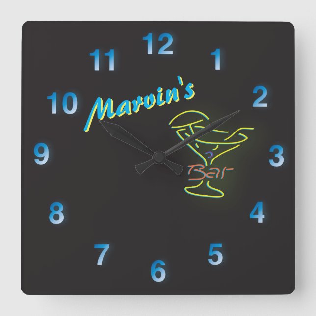 Reloj Cuadrado Rótulo azul Neon Personalizable Mancave Tavern (Anverso)