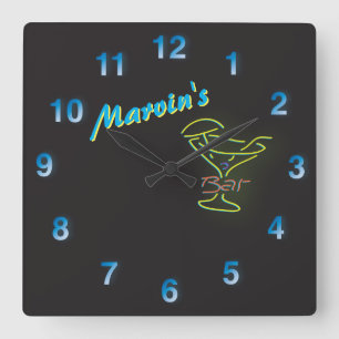 Reloj Cuadrado Rótulo azul Neon Personalizable Mancave Tavern