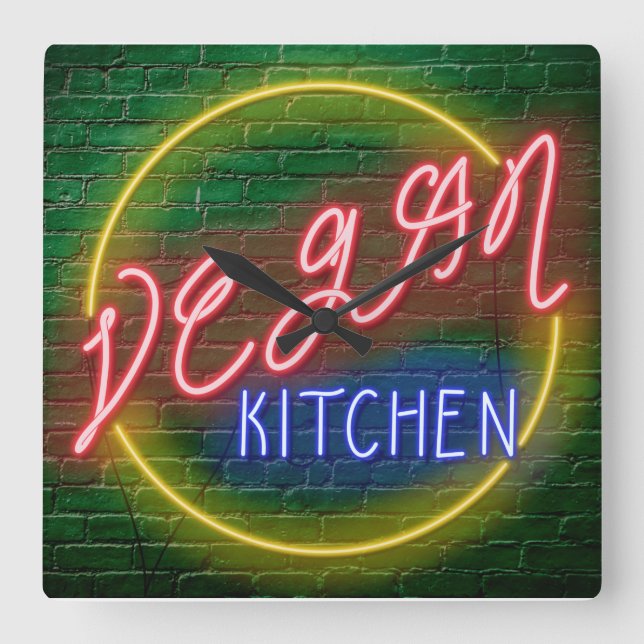 Reloj Cuadrado Rótulo Neon Vegan Kitchen (Anverso)
