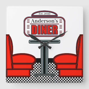 Reloj Cuadrado Rótulo Retro Red Diner Clock