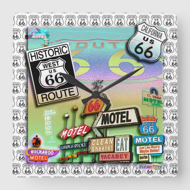Reloj Cuadrado ROUTE 66 Wall CLOCK de PopArtDiva (Anverso)