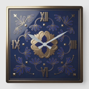 Reloj Cuadrado Royal Blue and Gold Art Deco Luxury Floral