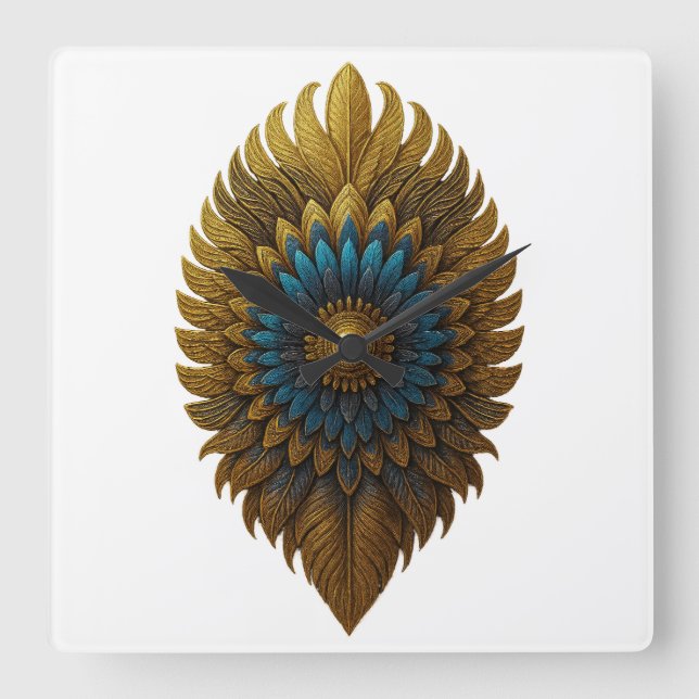 Reloj Cuadrado Royal Feather | Black & Gold Egyptian Wall Clock (Anverso)