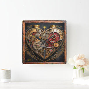 Reloj Cuadrado Rubíes Steampunk Y Engranajes Corazón Oscuro 