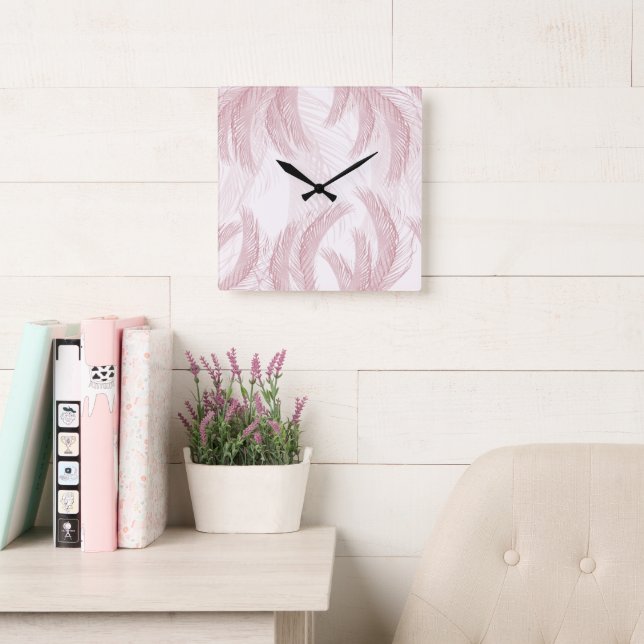 Reloj Cuadrado Rubor Pink Feather Palm Bliss 1 (Sala de lectura)