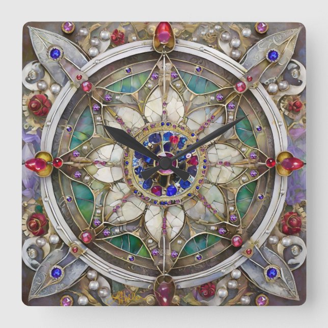 Reloj Cuadrado Ruby, Amethyst, Sapphire y Pearl Mandala (Anverso)