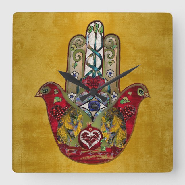 Reloj Cuadrado Ruby Pomegranate Heart Red Bird Hamsa (Anverso)