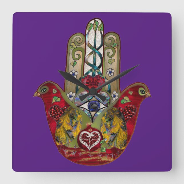 Reloj Cuadrado Ruby Pomegranate Heart Red Bird Hamsa (Anverso)