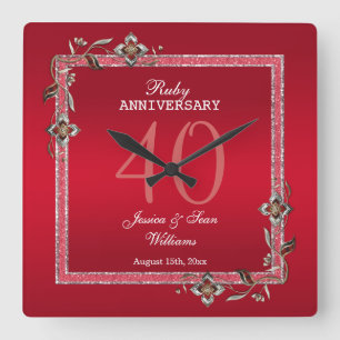 Reloj Cuadrado Ruby Red Gems y Purpurina Ruby 40TH Boda